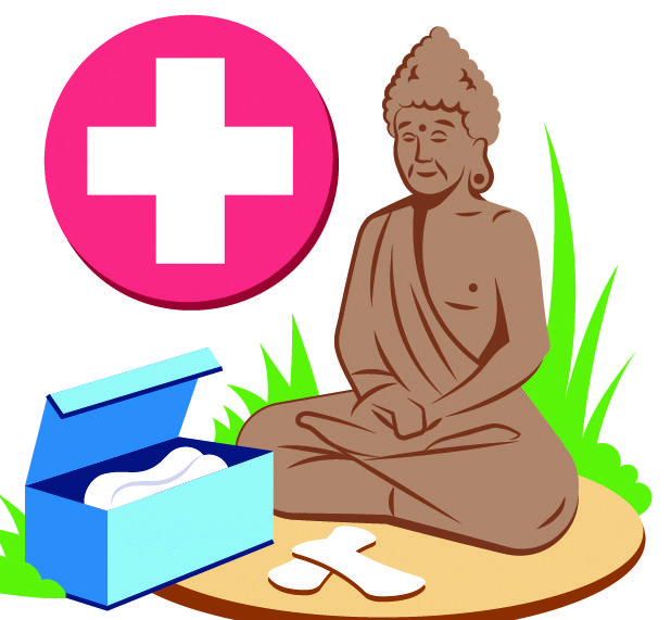 An illustration of a Buddha overlooking medical supplies 